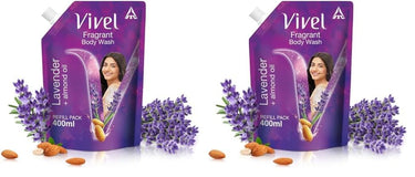 Vivel Fragrant Body Wash, Lavender & Almond Oil Shower Gel, 400 ml Supersaver Refill Pouch, Moisturizing Bodywash, Soft & Smooth Skin, Effective Cleansing, For Women & Men (Pack of 2)